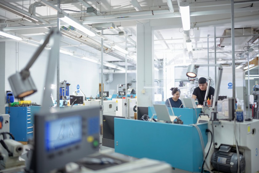 A workshop containing manufacturing machines