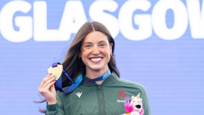 A picture of Kate O'Conner accepting her gold medal for the heptathlon event at the Commonwealth Games in Glasgow 2026.