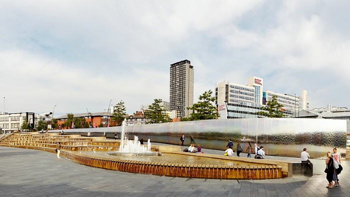 City campus with fountains in foreground