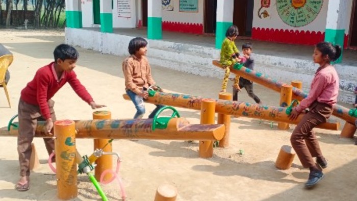 Pupils at the Primary School Khanpur Gabri (PSKG) enjoying playing on the Playponics pilot set up