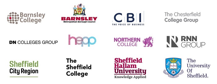 Logos for Barnsley College, Barnsley Metropolitan Borough Council, The CBI, The Chesterfield College Group, DN Colleges Group, hepp, Northern College, RNN Group, Sheffield City Region, The Sheffield College, Sheffield Hallam University and the University of Sheffield