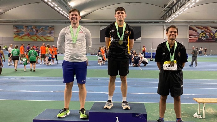 Rian Snell on the medal podium in first place at the 2026 British Transplant Games in Sheffield.