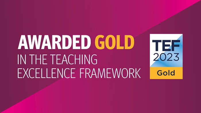 Pink background with the words Awarded Gold in the Teaching Excellence Framework