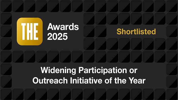 Black background with the THE Awards 2025 logo and the words widening participation or outreach initiative of the year