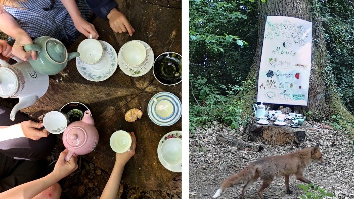 Left: A top down view of children playing pretend with a tea set outdoors, there are teapots and teacups on a tree stump. Right: The tree stump tea party set up in the woods, with a fox in the foreground captured on a hidden wildlife camera.