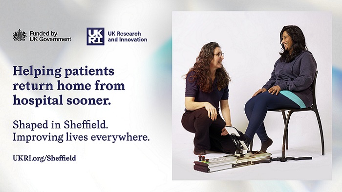 Poster with a picture of a woman sat in a chair using a piece of exercise equipment speaking to another woman. Words on the poster read 'helping patients return home from hospital sooner'. 
