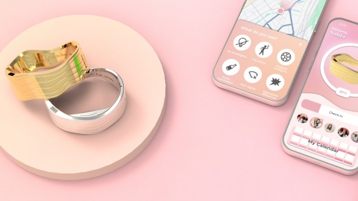 On the left are two of the Venus bracelet designs, one silver and one gold, they are a thick bangle style bracelet with a wavy edge. To the right of them are two phones with the companion app on screen, one shows a map with alerts and the other is a screen where you can check-in as being safe. 