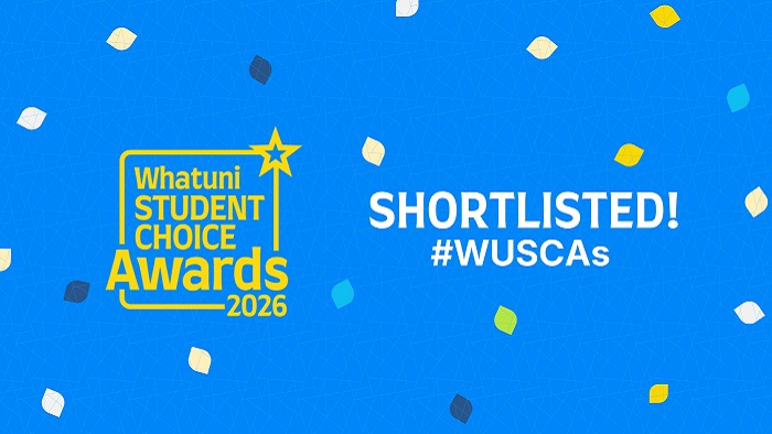 Image with a blue background with the word Shortlisted and the Whatuni Student Choice Awards logo