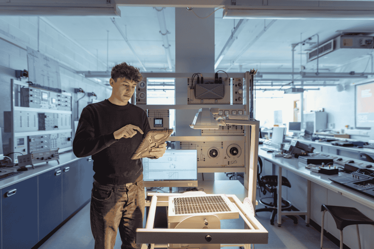 Engineering student on an ipad in a lab