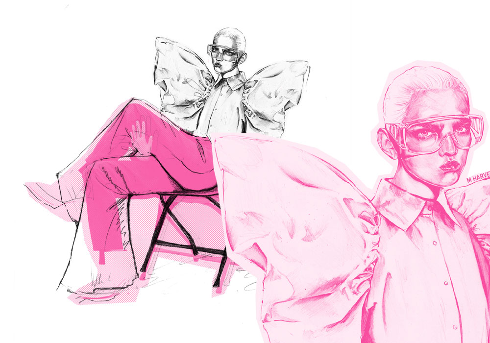 Greyscale fashion portfolio illustrations featuring pink colour blocking and overlay
