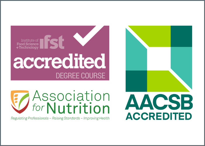Logos for AACSB accredited, Association for Nutrition and IFST accredited degree course