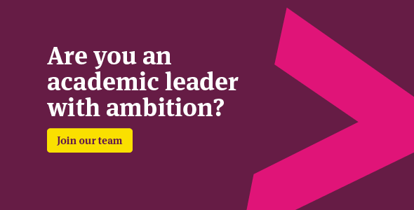 Infographic reading 'are you an academic leader with ambition?' and 'join our team' image also features a pink arrow. 