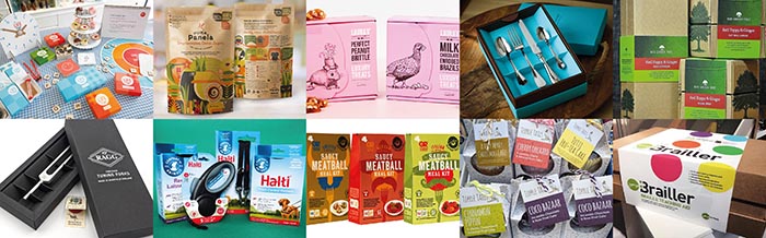 Eight examples of Design Futures packaging work. Includes Life Cafe game, in small colourful boxes on a table with some cakes. Sugar in a paper pouch printed with stylised images of hills and plants. Confectionary in bright pink boxes printed with illustrations of a mouse and a grouse. Cutlery in an elegant presentation box. Tea in plain brown boxes printed with trees.