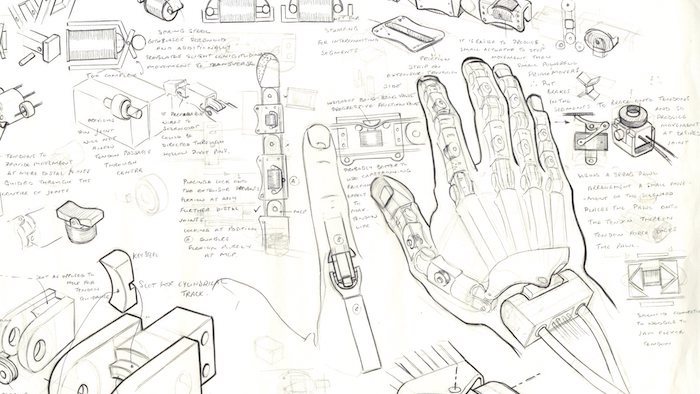 Sketch of robotic prosthetic arm by Dr Graham Whiteley