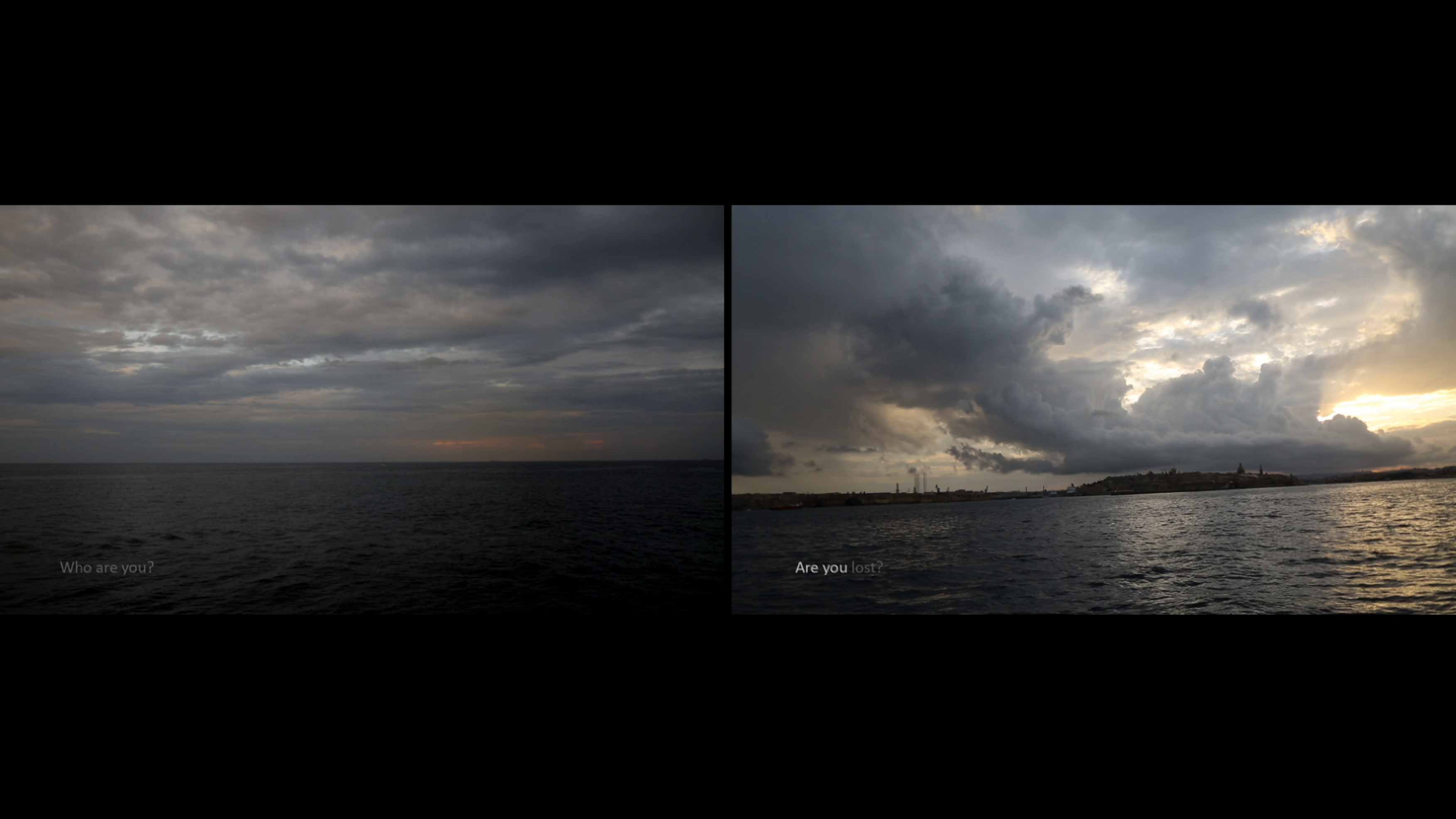 Still from Mirror III by David Cotterrell. Two images side by side of a view to a boat and the corresponding boat's view to the shore.
