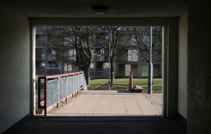 An image from the Elevation project. A walkway with handrail in Parkhill flats
