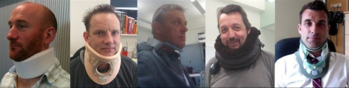 Five men using varying types of neck braces 
