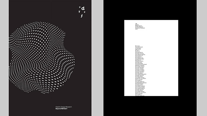 Cover of James Corazzo's report on graphic design research. The cover is black, and on the left there is a cluster of white dots of varying sizes, giving the effect of an undulating 3D form. 