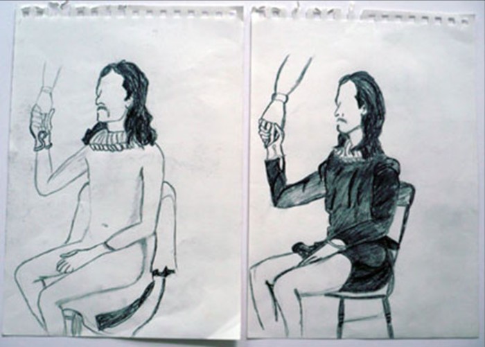 Two sketches from the indoor and outdoor life classes recreating Nicolas Hilliard's Portrait of an Unknown Man Clasping a Hand from a Cloud