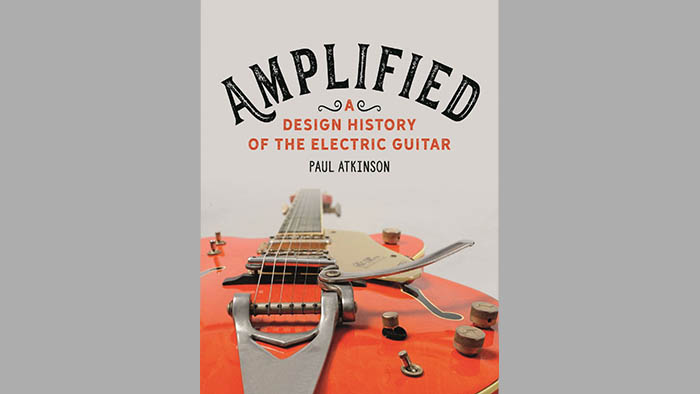 Cover of Amplified: A Design History of the Electric Guitar. It shows the book title above a red guitar with a cream scratchplate, looking down the guitar from behind the bridge, with the neck and head in the background.