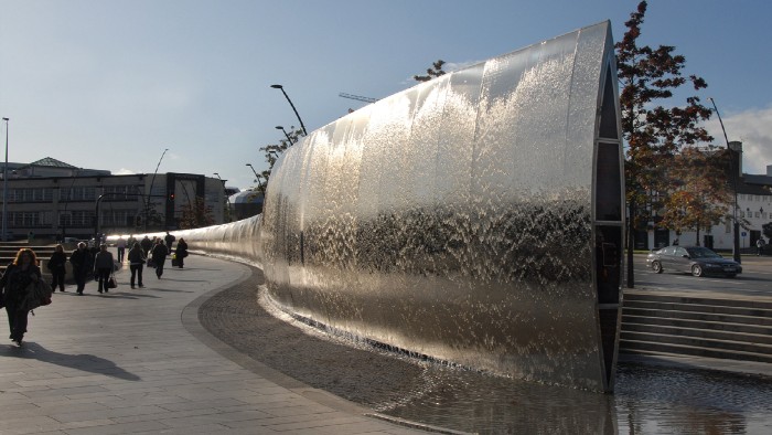 The metalwork water fountain erected outside of the Sheffield Station