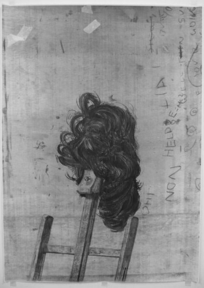 A piece from the Imposter series project. A bundle of hair sits on top on of an empty easel