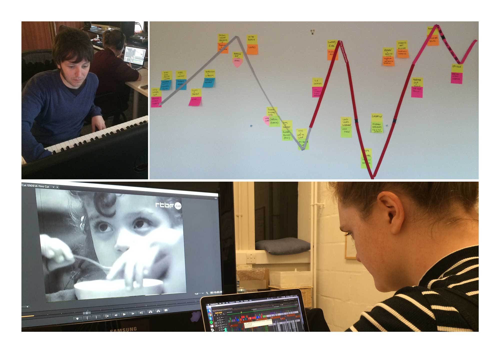 Composer working in sync with editors on Virginia Heath's 'We Are All Migrants', with emotional temperature map image