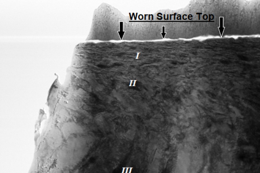A transmission electron microscopy image of the worn surface of steel 