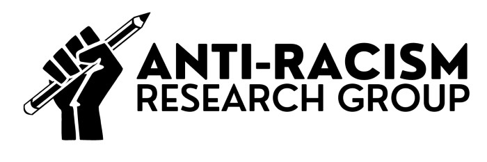 A black fist holding a pencil with the text 'anti-racism research group' next to it