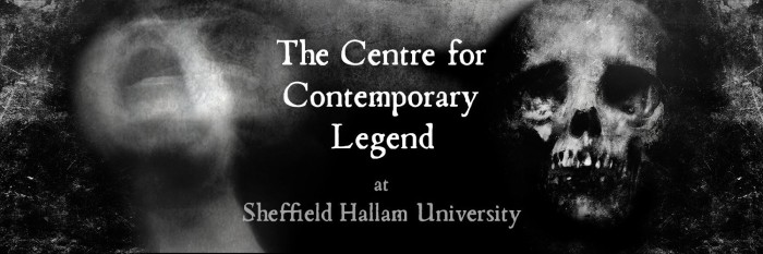 Banner with the text 'The Centre for Contemporary Legend at Sheffield Hallam University' in the middle. The banner is in greyscale with a woman screaming on the left and a human skull on the right