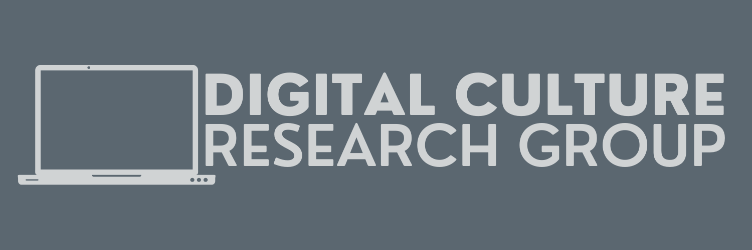 A graphic of an open laptop with the text 'Digital culture research group' next to it