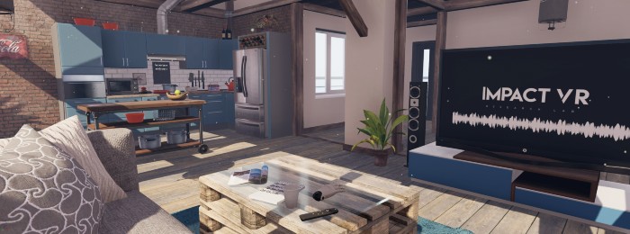 A kitchen used as part of the impact VR project. There is a blue kitchen on the left of the image, a corridor in the middle and a seating area with a television on the right. The television has the text 'impact VR' on the screen 