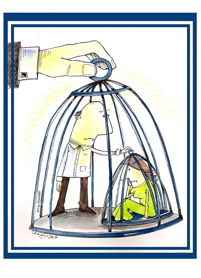 Cartoon depicting a hand in a suit, holding the top of a cage with a man standing inside, holding another cage with a woman sat on the floor underneath
