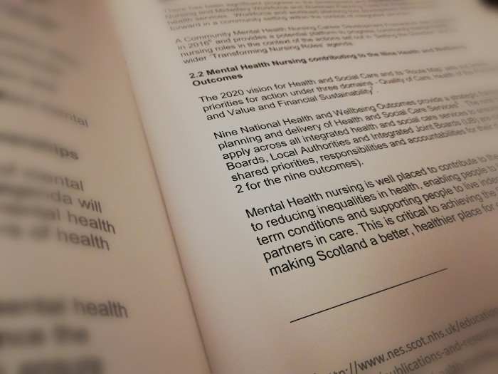 Close up image of an open textbook on nursing mental health 