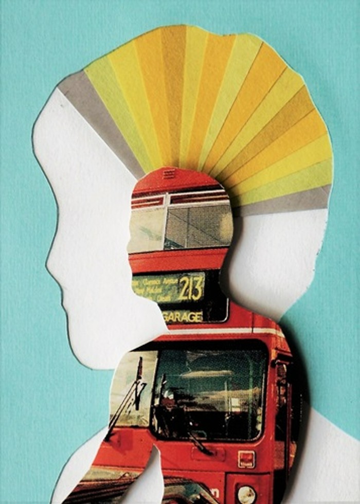 A silhouette of a person with a red double decker bus in it. This is within another head and shoulders silhouette with sunbeams at the top of the head on a blue background.  