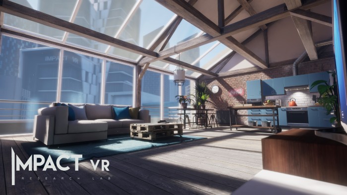 Rendering of a VR studio apartment used to help patients with gaining familiarity with their prosthetics. There are floor to ceiling windows at the back of the apartment that extend to the roof. A grey sofa with a coffee table sits in front and there is a blue kitchen on the right with the dining area opposite