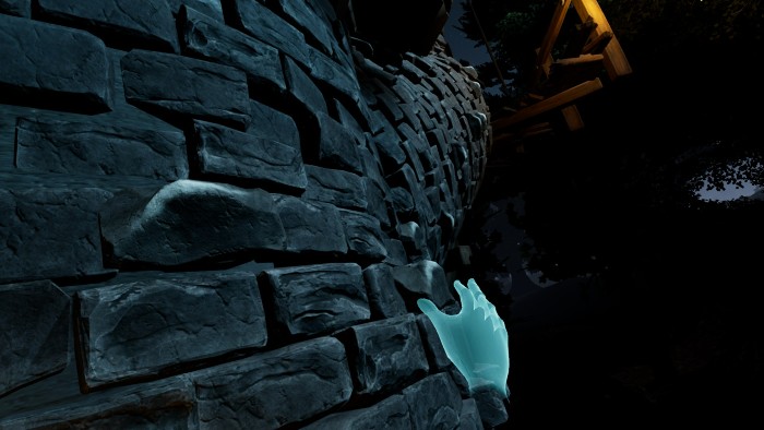 Still from the Impact VR physical rehabilitation research. A ghostly hand represents the a user as it reaches for a brick to climb up the castle tower 