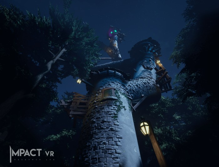 A still from the impact VR physical rehabilitation project showing the user looking up at the tower from the bottom of it. There are lanterns that lead the way up and a glowing green and purple hut at the top