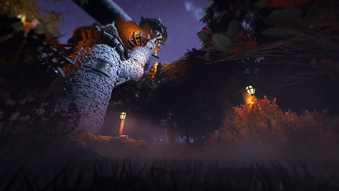 Still from the Impact VR physical rehabilitation exercise. It show a clearing a forest with a castle tower and smaller turret coming out the left side with it. It is dark and the way towards the castle is lit with orange torches.