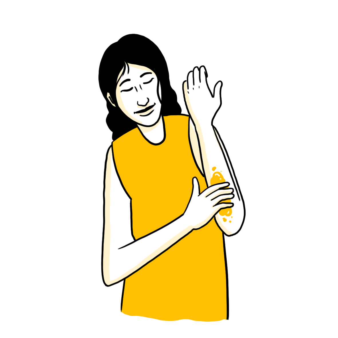Woman rubbing cream into her forearm, smiling. 