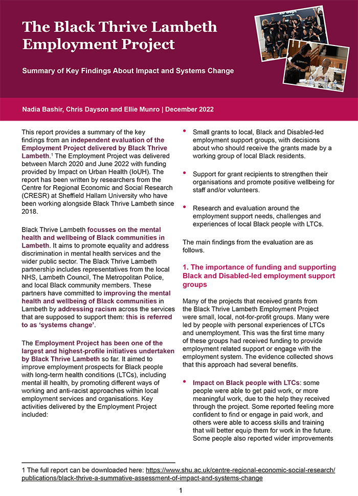 The Black Thrive Lambeth Employment Project: Summary of Key Findings About Impact and Systems Change