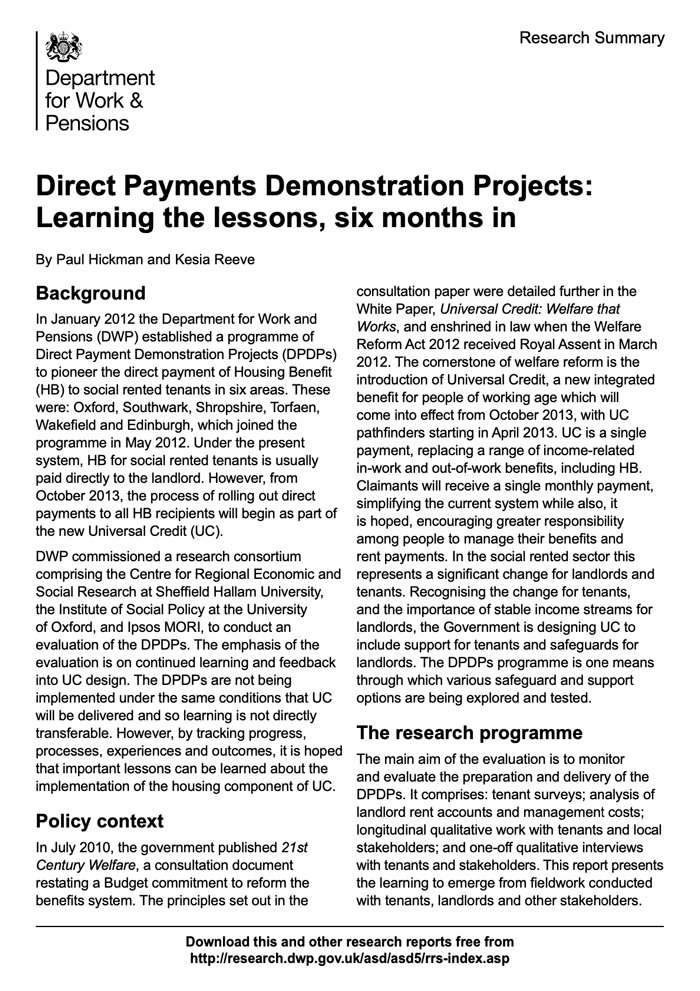 Direct Payments Demonstration Projects: Learning the lessons, six months in - Research Summary