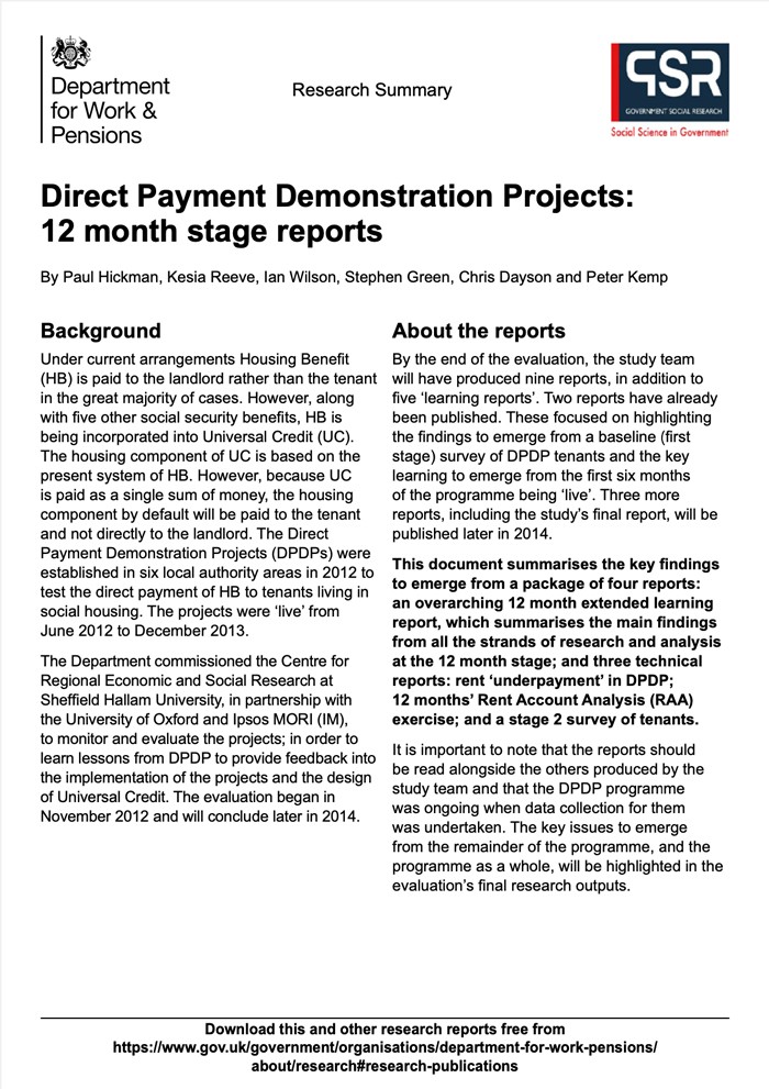 DWP Research Summary - Direct Payment Demonstration Projects: 12 month stage reports