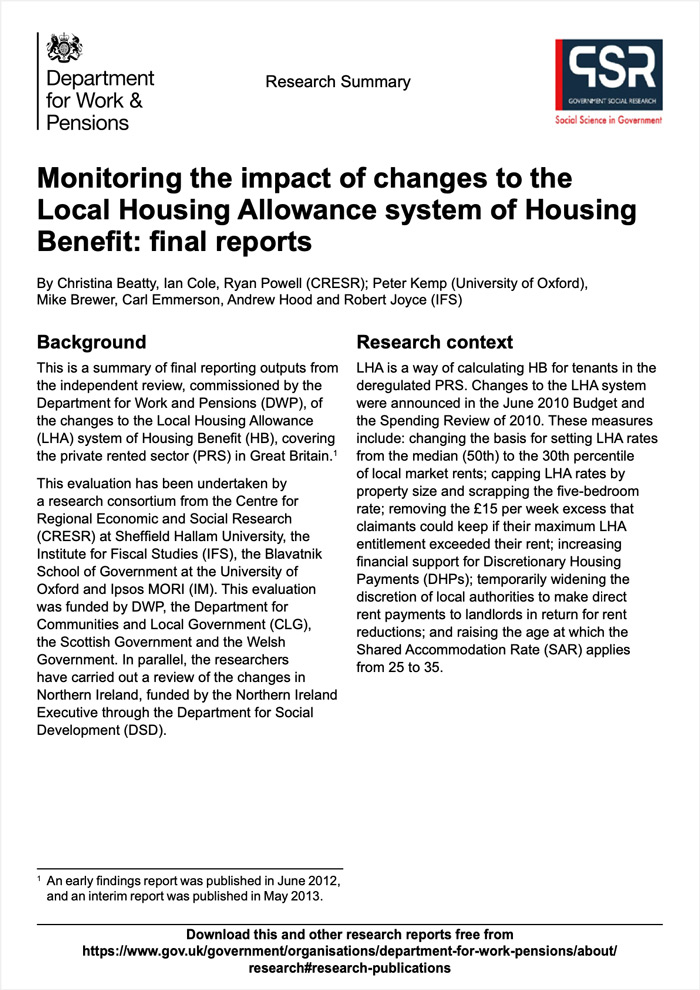 DWP Research Summary - Monitoring the impact of changes to the Local Housing Allowance system of Housing Benefit: final reports