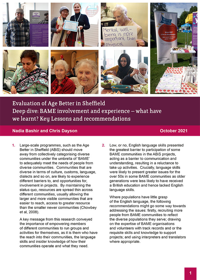 Evaluation of Age Better in Sheffield Deep dive: BAME involvement and experience – what have we learnt? Key Lessons and recommendations