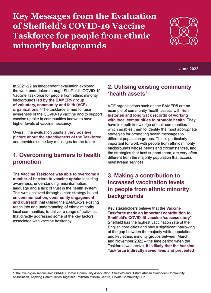 Key Messages from the Evaluation of Sheffield’s COVID-19 Vaccine Taskforce for people from ethnic minority backgrounds