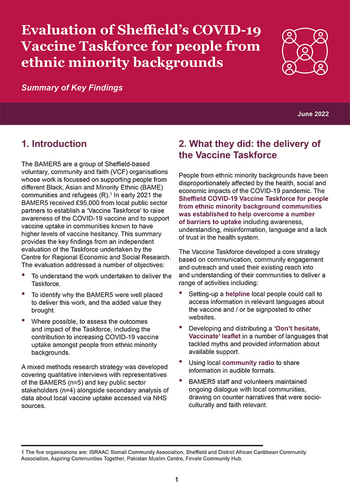 Evaluation of Sheffield’s COVID-19 Vaccine Taskforce for people from ethnic minority backgrounds: Summary of Key Findings