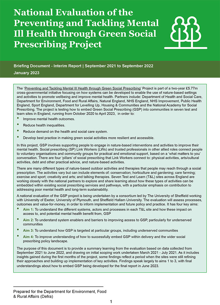 National Evaluation of the Preventing and Tackling Mental Ill Health through Green Social Prescribing Project: Briefing Document - Interim Report - September 2021 to September 2022