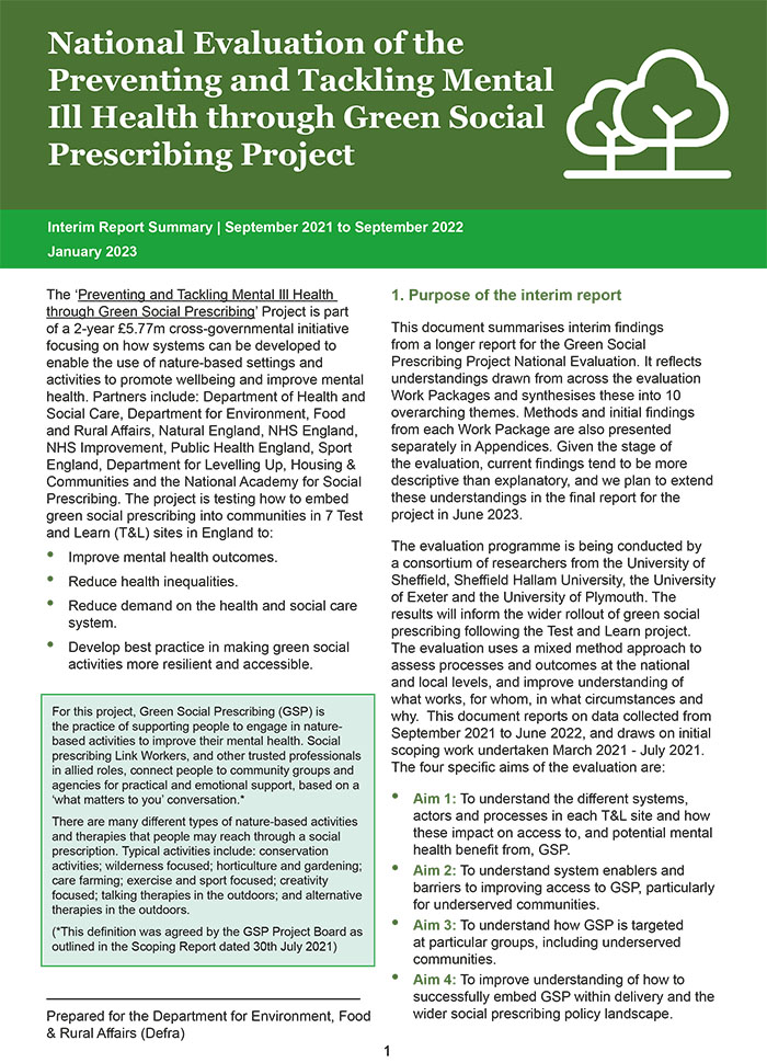 National Evaluation of the Preventing and Tackling Mental Ill Health through Green Social Prescribing Project: Interim Report Summary - September 2021 to September 2022