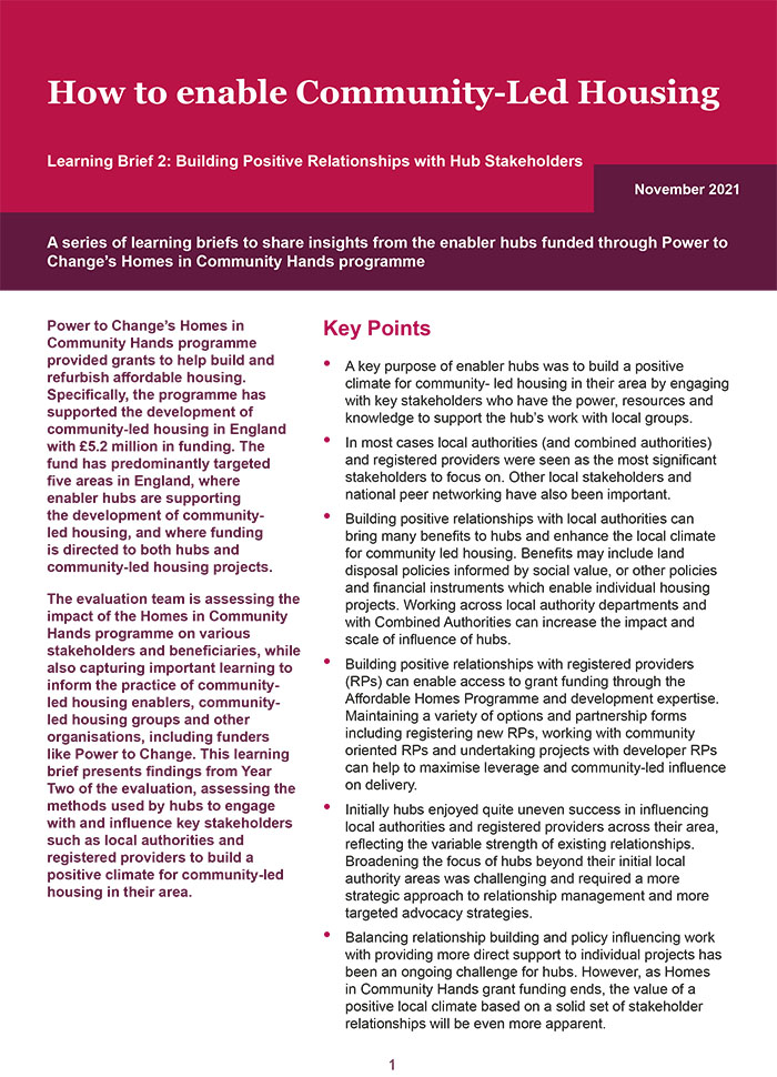 How to enable Community-Led Housing - Learning Brief 2: Building Positive Relationships with Hub Stakeholders